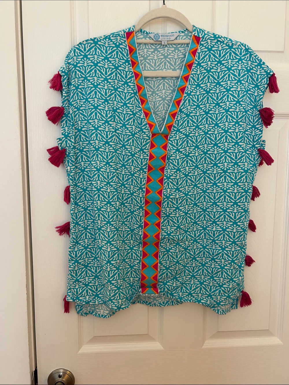 escapada Teal & Pink Tassel Geometric V-Neck Tunic